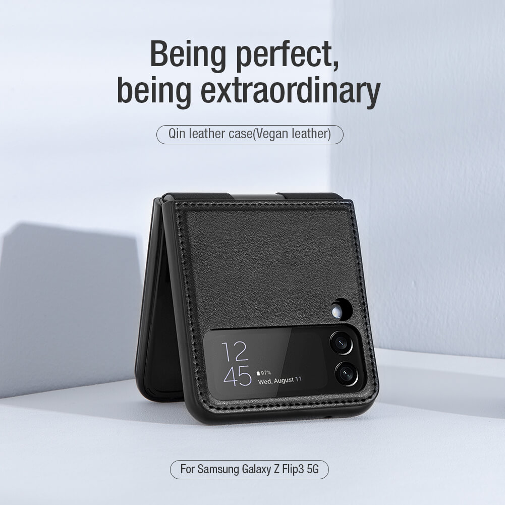 Case bao da chống sốc cho Samsung Galaxy Z Flip 3 trang bị chân chống giá đỡ điện thoại hiệu Nillkin Qin Vegan - hàng nhập khẩu