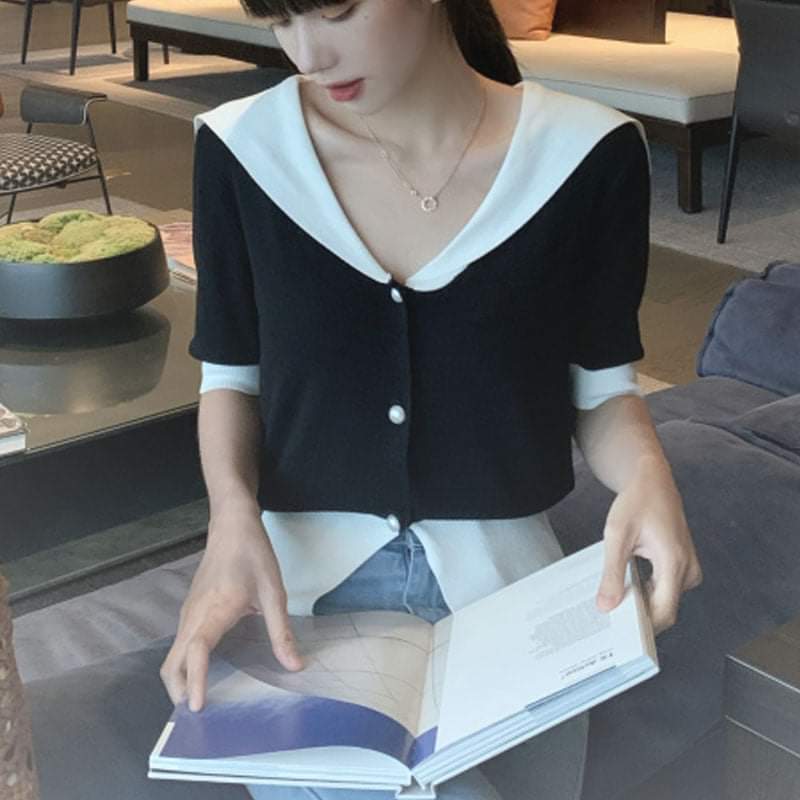 Áo len mỏng ngắn tay cổ khăn choàng