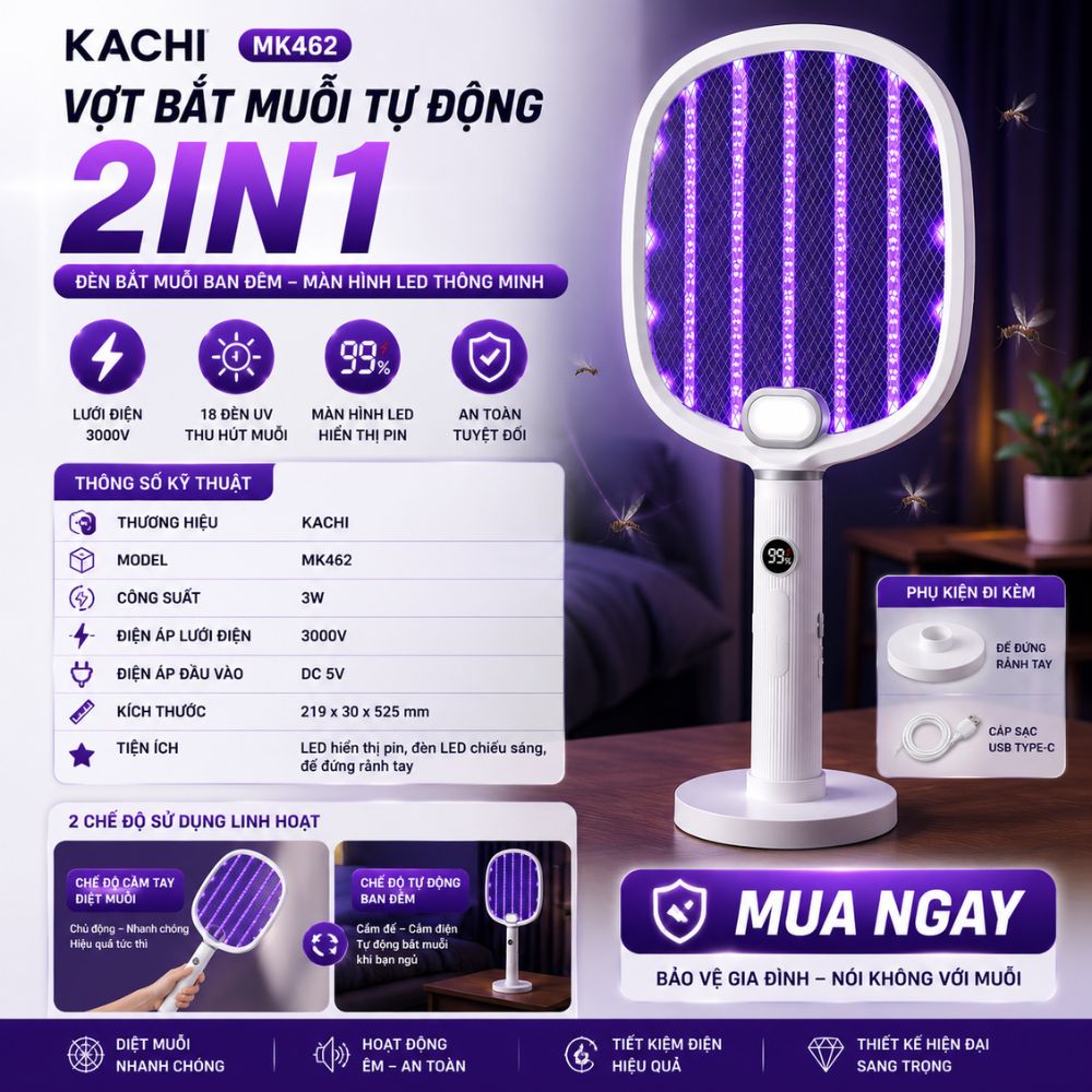 Vợt Bắt Muỗi Tự Động Kachi MK462 – Tích Hợp Đèn Bắt Muỗi, Màn Hình LED Thông Minh - hàng chính hãng