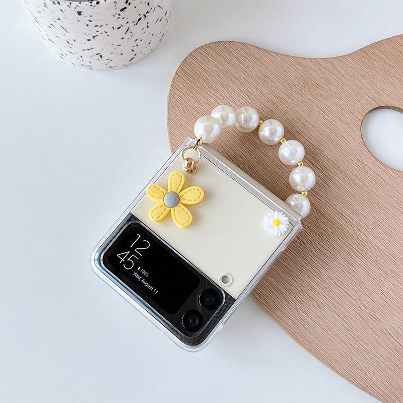 Ốp Lưng Cho Samsung Z Flip 5 / Z Flip 4 / Z Flip 3 Trong Suốt Hoa Nổi Xinh Xắn Kèm Dây Ngọc Trai Xỏ Tay