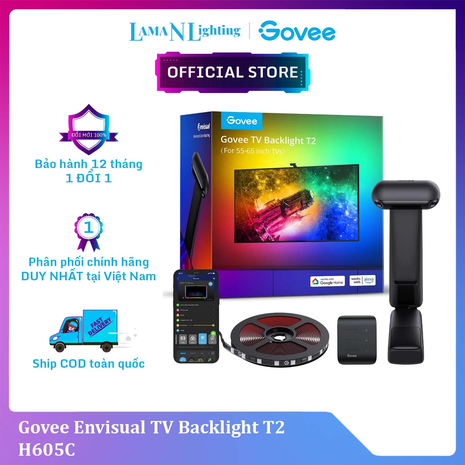 Dây đèn LED trang trí TV Govee Envisual TV Backlight T2 cho Tivi 55-65" H605C | Led thông minh cho rạp phim tại nhà