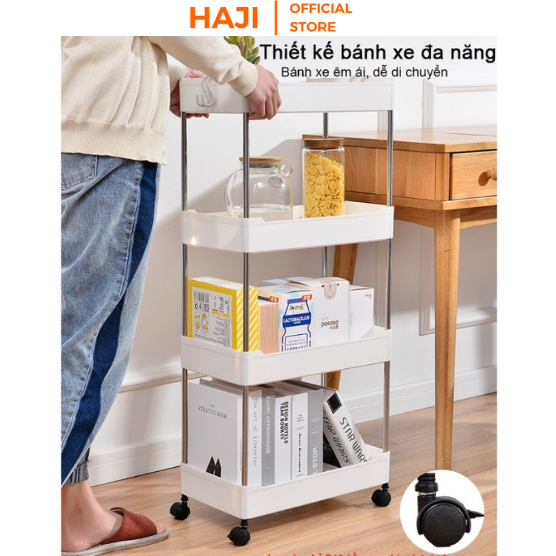 Kệ đựng đồ 4 tầng đa năng có bánh xe di chuyển dùng sắp xếp đồ vật gọn gàng HAJI NA17