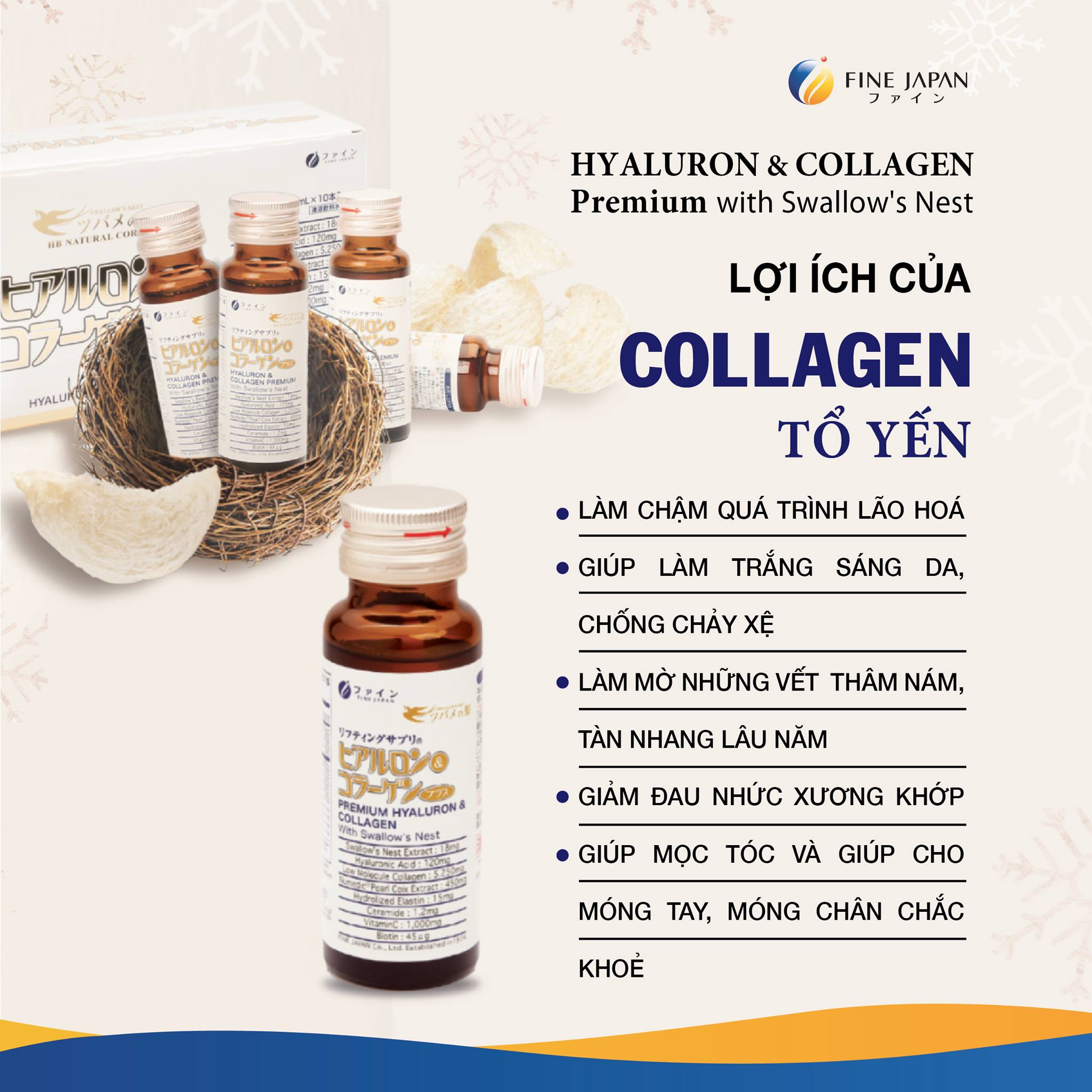 Nước Uống Collagen Tổ Yến Sào Nhật Bản Thượng Hạng Đẹp Da - Fine Japan Hyaluron Collagen Premium Swallow Nest Hộp 10 chai x 50ml