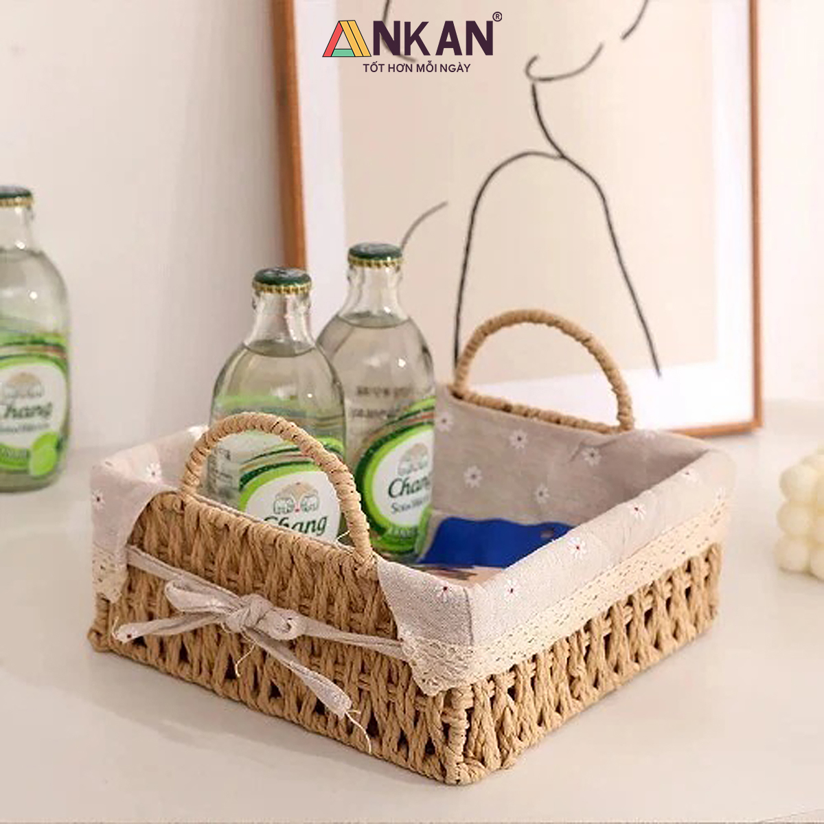 Giỏ Decor Hình Vuông Có Quai Xách – Đan Tay Thủ Công, Lót Vải Hoa Vintage, Trang Trí &amp; Đựng Đồ Đa Năng