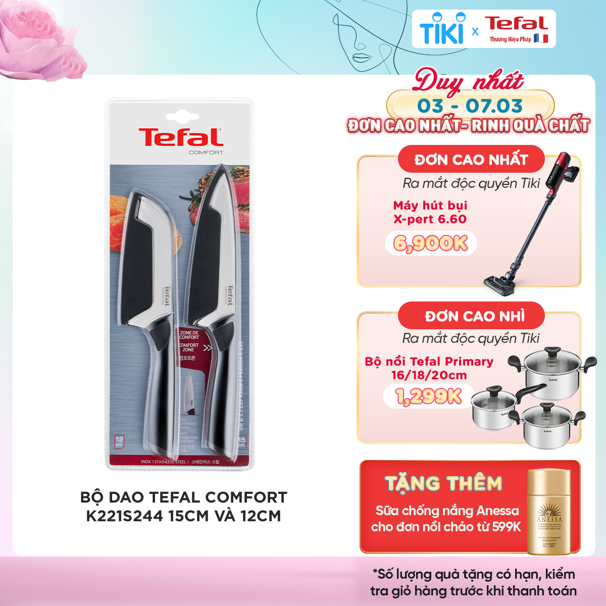 Bộ 2 dao làm bếp Tefal Comfort K221S244 (15cm, 12cm) - Hàng chính hãng