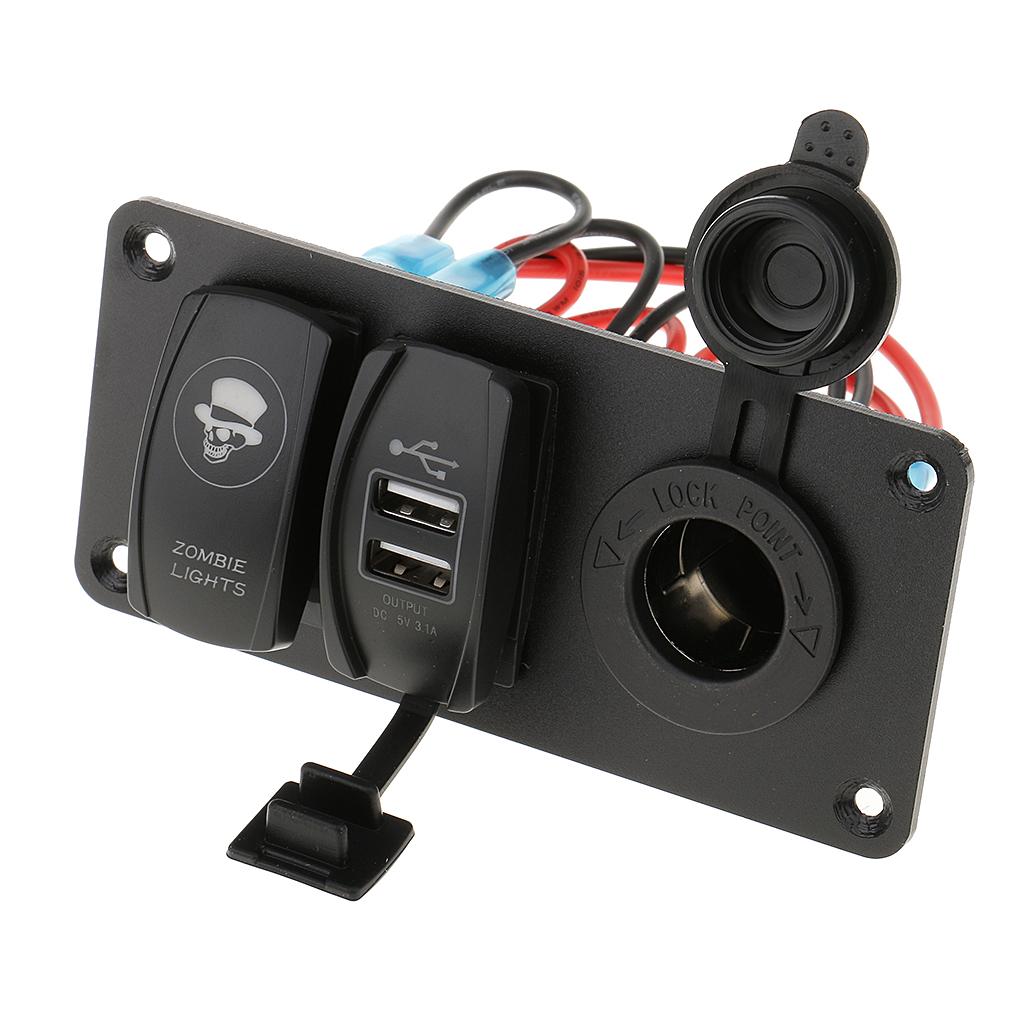 Power Socket +5 Pin Rocker Switch+Dual USB Charger Panel for 12V/24V Vehicles