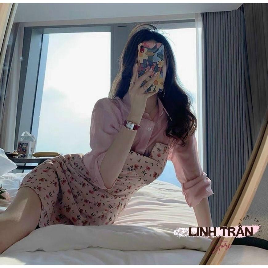 Sét Đầm 2 Dây Hoa Nhí Mix Áo Sơ Mi Váy 2 Dây Hoa Mix Áo Sơ Mi Nữ Linh Trần Store
