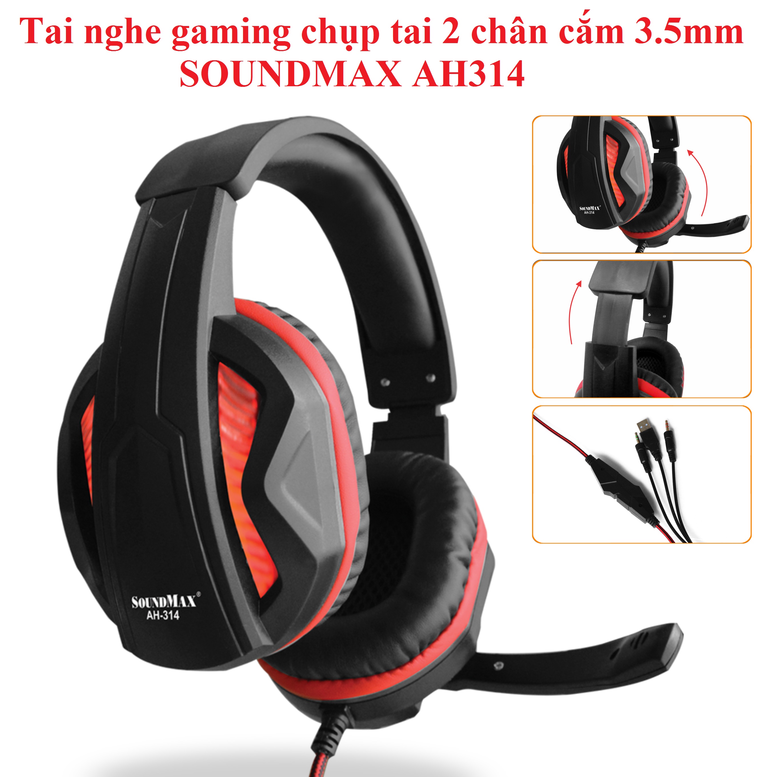 Tai nghe gaming chụp tai 2 chân cắm 3.5mm SOUNDMAX AH314 - Hàng chính hãng