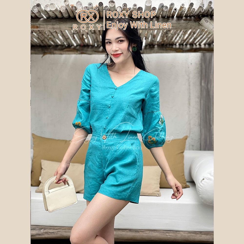 Set Bộ Đồ Nữ Linen Quần Đùi Áo Cổ Tim Tay Dài Thêu Hoa