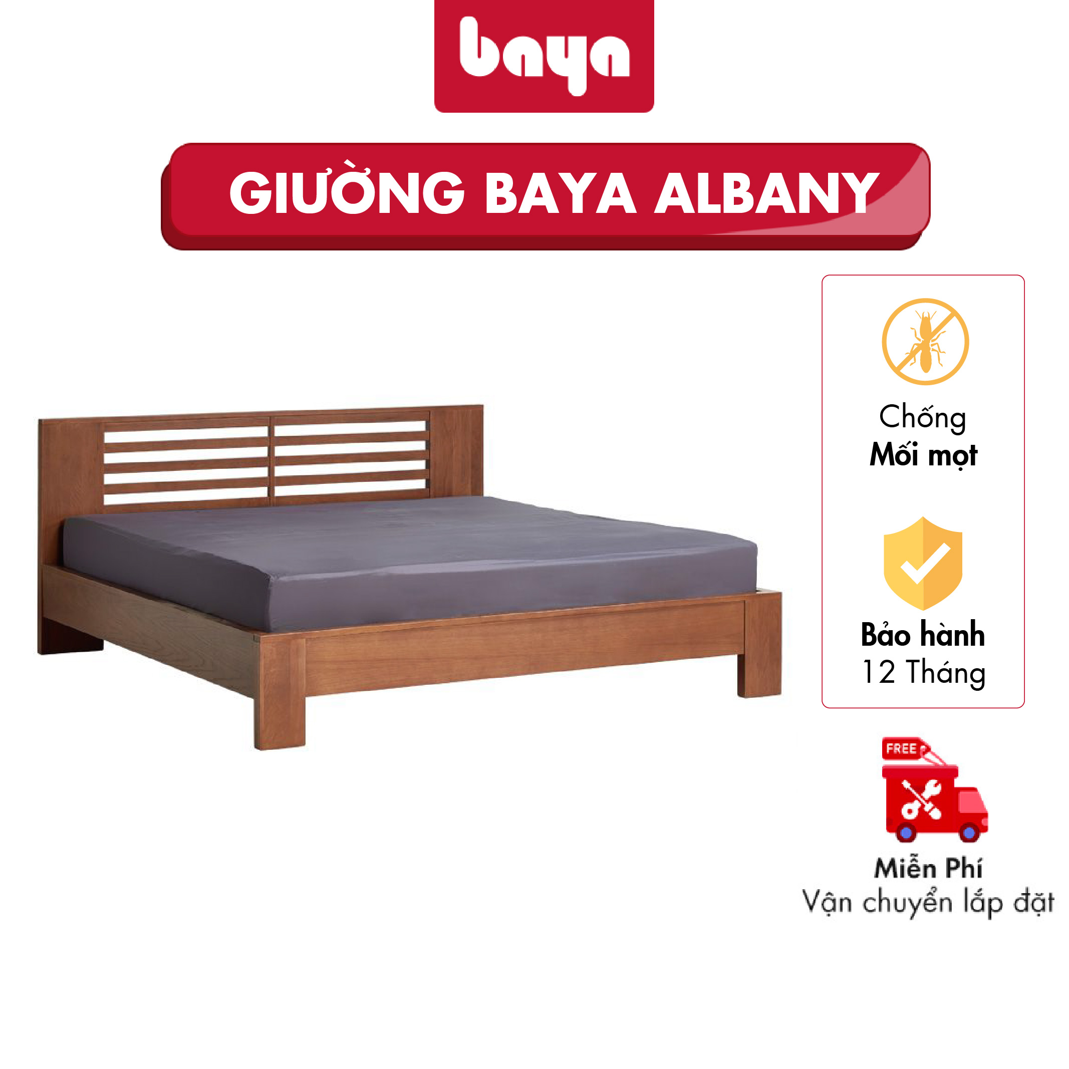 Giường Ngủ Đôi Phong Cách Châu Á Đương Đại BAYA ALBANY Làm Từ Gỗ Sồi Cao Cấp, Phủ Lớp Veneer Màu Nâu Đậm Sang Trọng