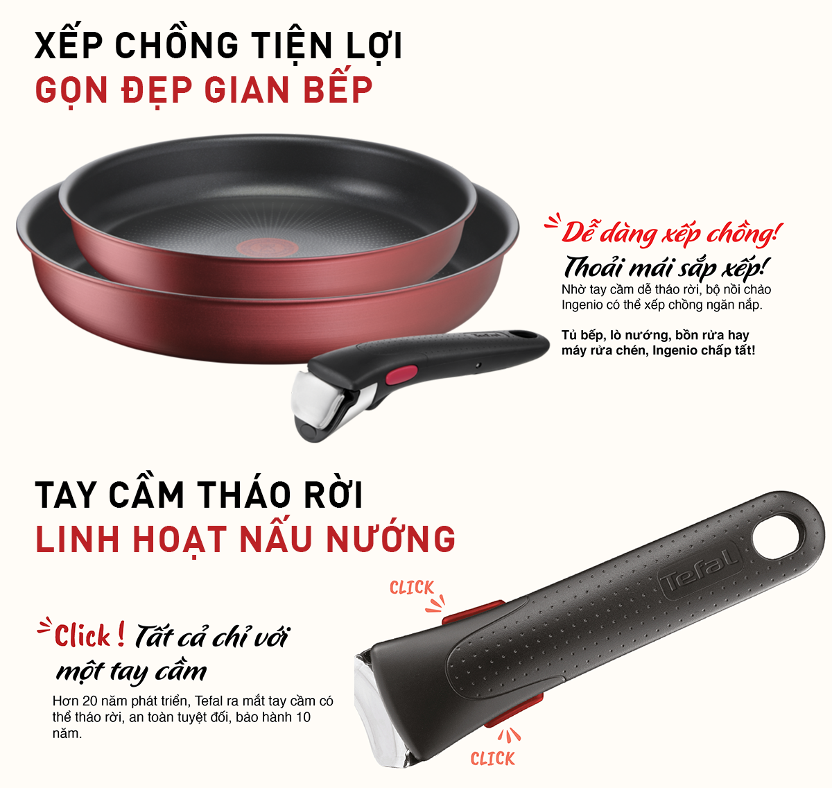 Bộ nồi chảo cán rời 3 món Tefal Ingenio Daily Chef - Hàng chính hãng