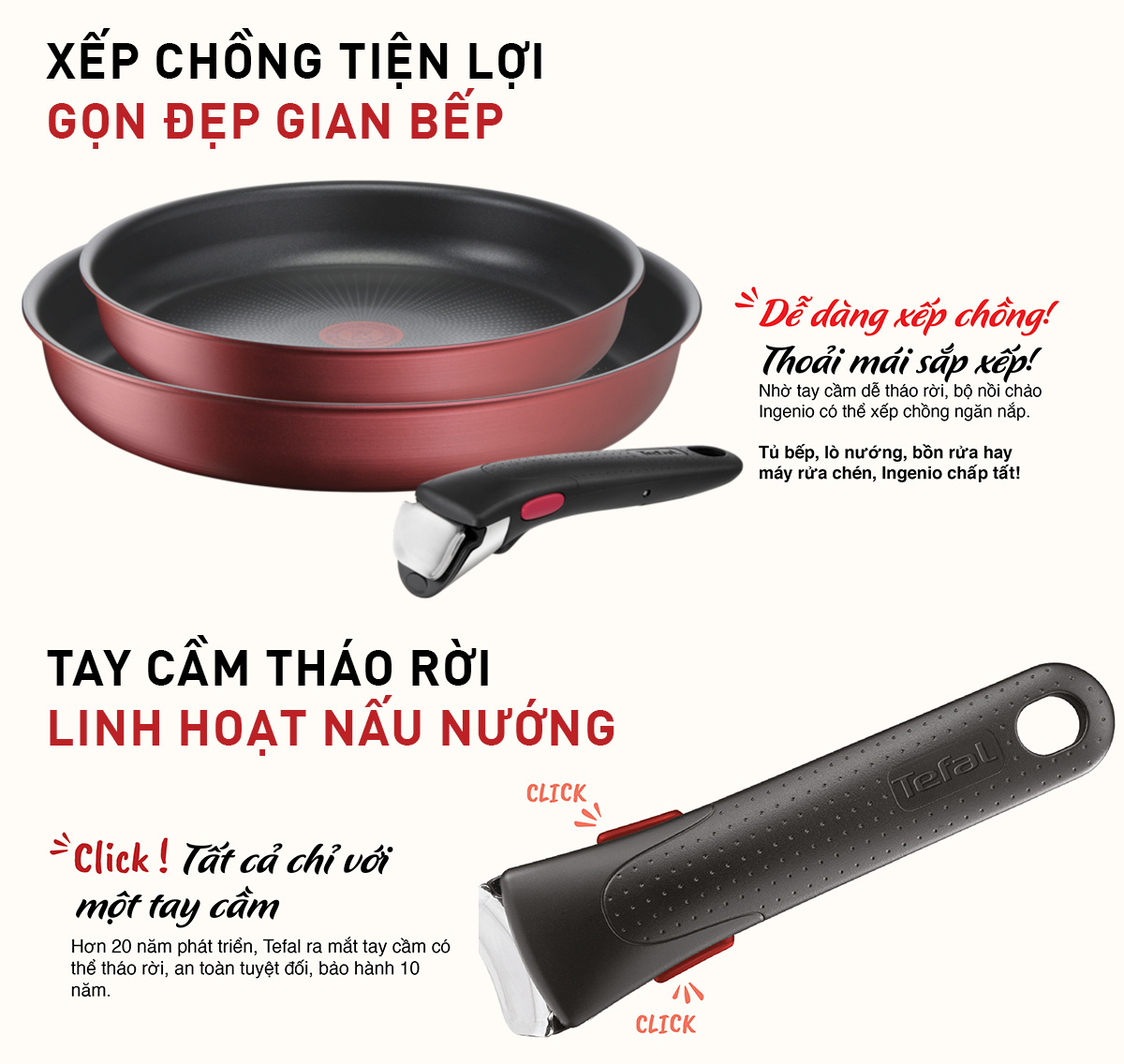 [Made in France] Bộ nồi chảo cán rời 3 món Tefal Ingenio Daily Chef (chảo chiên 22cm, chảo chiên 26cm, tay cầm rời) - Hàng chính hãng