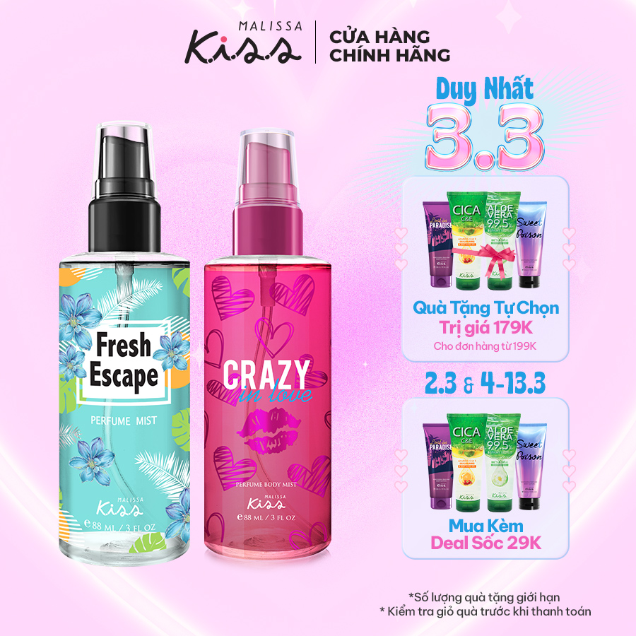 Bộ Đôi Mùi Hương Nước Hoa Malissa Kiss Body Mist Crazy In Love + Fresh Escape