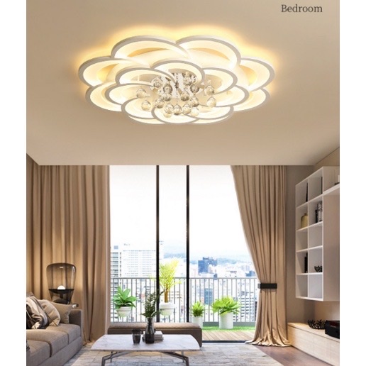 Đèn ốp trần, đèn led mâm ốp trần cánh hoa mai pha lê 3 chế độ ánh sáng, có điều khiển từ xa