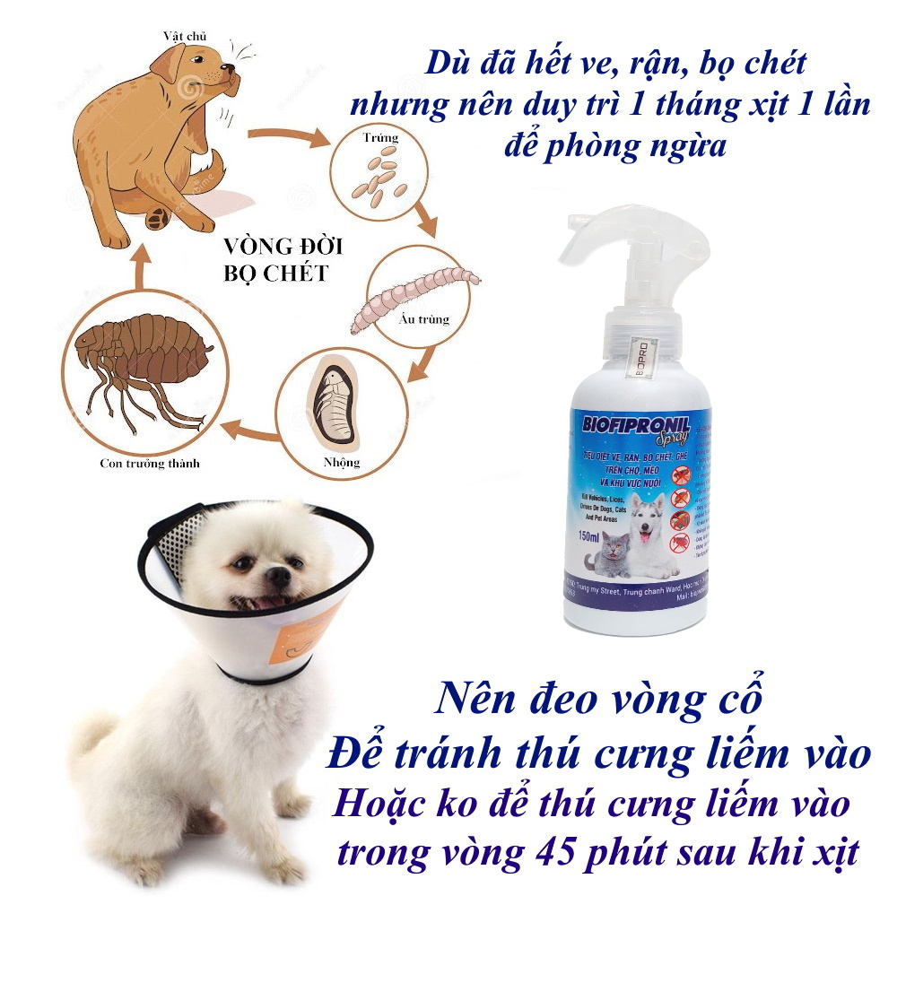 Chai xịt tiêu diệt sạch ve rận bọ chét ghẻ cho Chó, Mèo BioFipronil chai 150ml An toàn, Hiệu quả, Tác dụng lâu dài