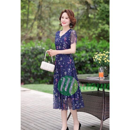 Váy nữ trung niên cho mẹ Voan V74, Áo đầm trung tuổi thời trang mùa hè đẹp cao cấp sang trọng dự tiệc U40 U50 Bigsize