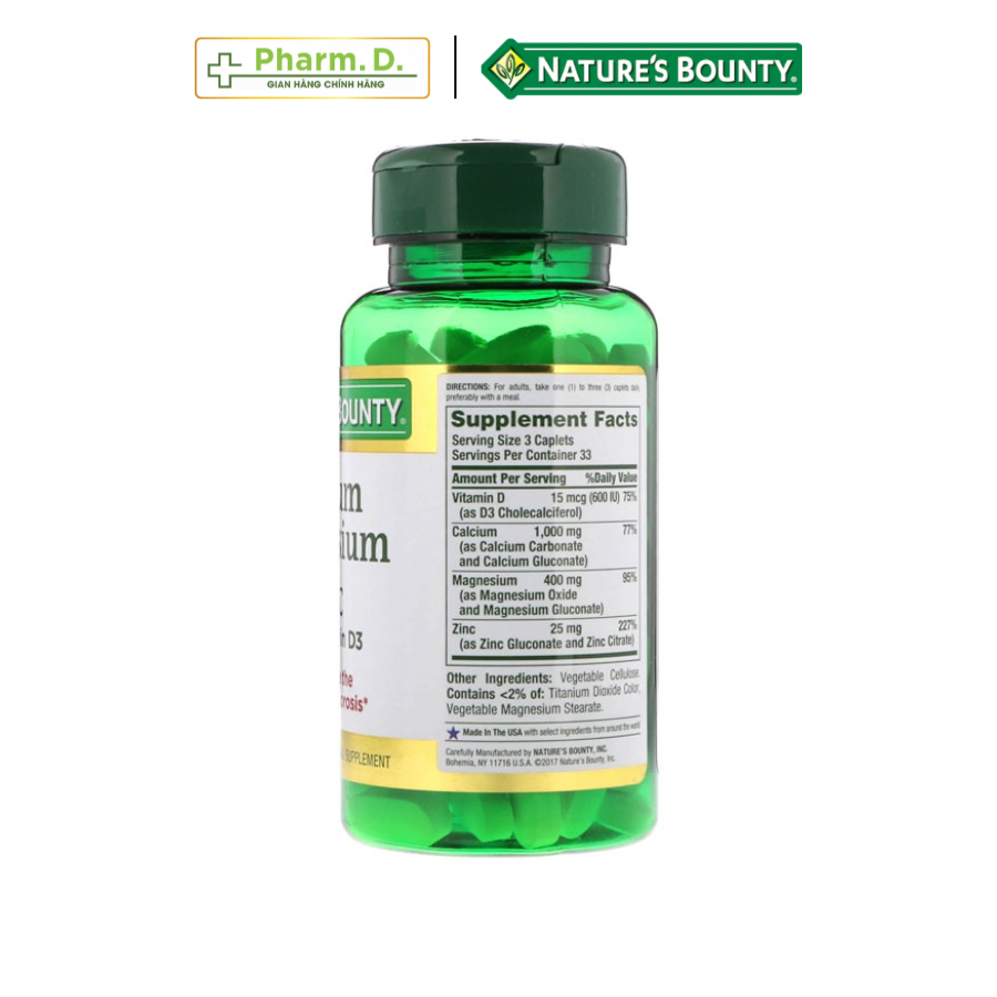 Viên Uống Bổ Sung Canxi, Magie, Kẽm Và Vitamin D3 Hỗ Trợ Xương, Răng Chắc Khỏe NATURE'S BOUNTY (100 Viên)