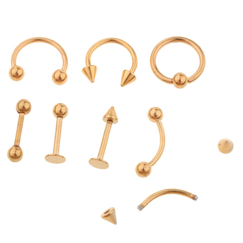 8 Pieces Nose Lip Tongue Eyebrow Tragus Piercing Body Jewelry 16g Gold
