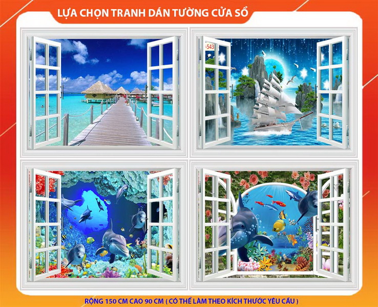 Tranh Dán Tường Họa Tiết Phông Cửa Sổ Tự Nhiên Phong Phú Mực IN UV Nhập Khẩu