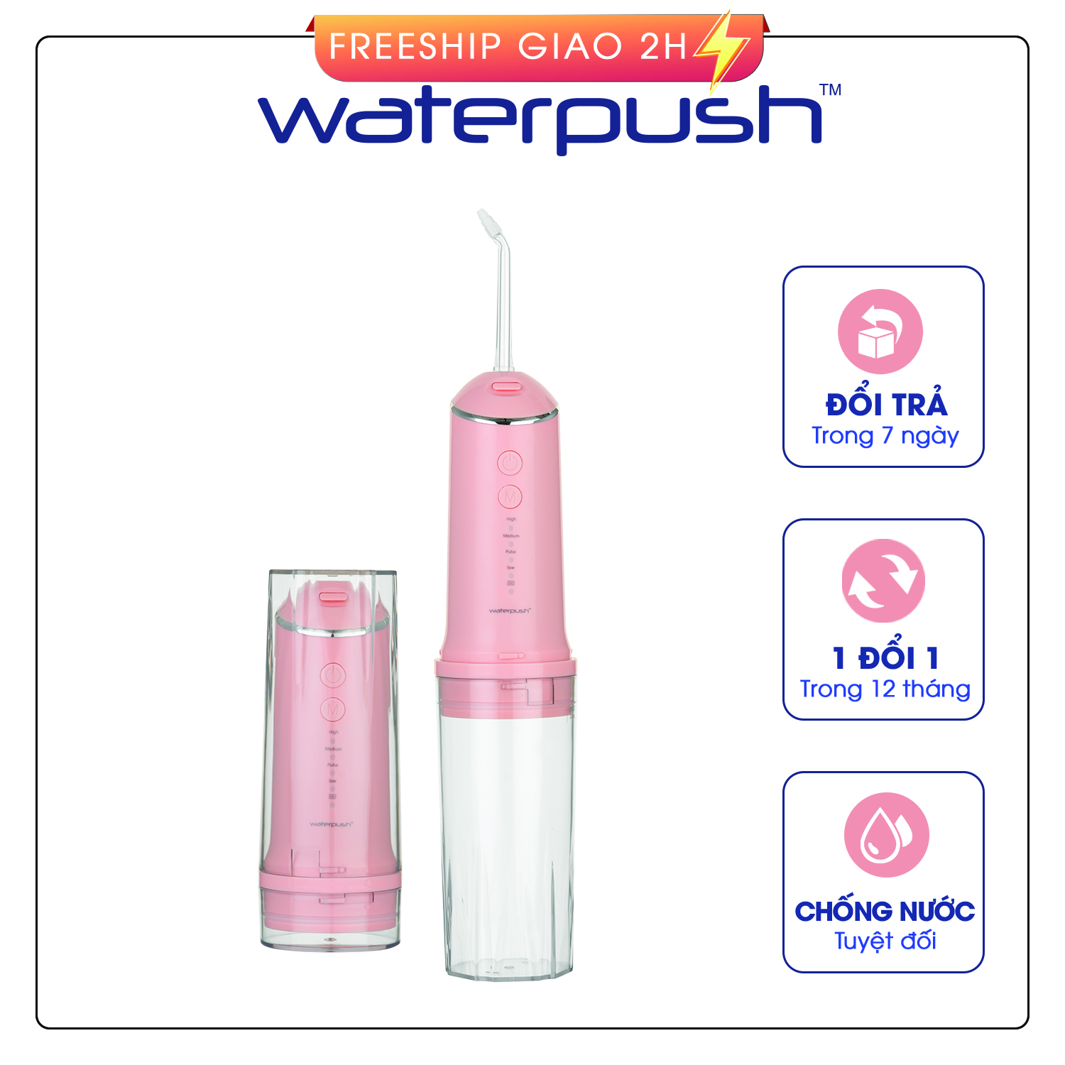 Máy Tăm Nước Du Lịch WaterPush 1903 màu Hồng - Bình chứa nước Siêu Lớn - Áp Suất Nước Tiêu Chuẩn Đẩy Bay Mảng Bám