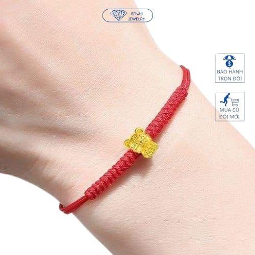 Vòng tay dây bện chỉ đỏ charm hổ bạc mạ vàng may mắn, Anchi jewelry