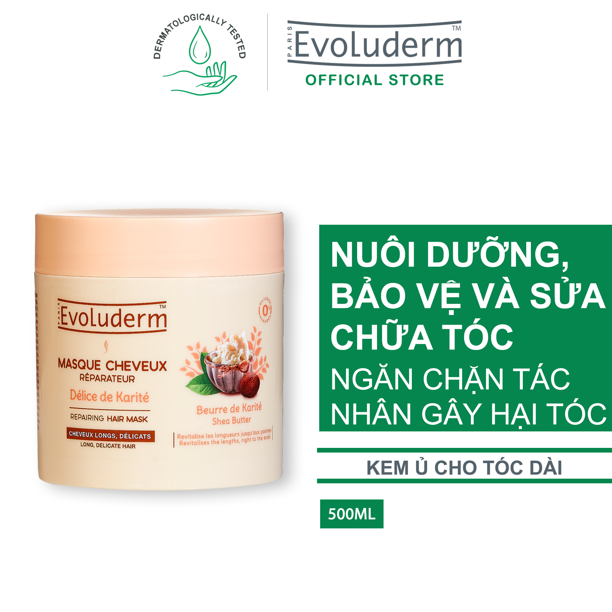 Kem ủ dành cho tóc dài và yếu dễ gãy rụng Evoluderm Masque Cheveux Réparateur Délice de Karité 500ml (17317)