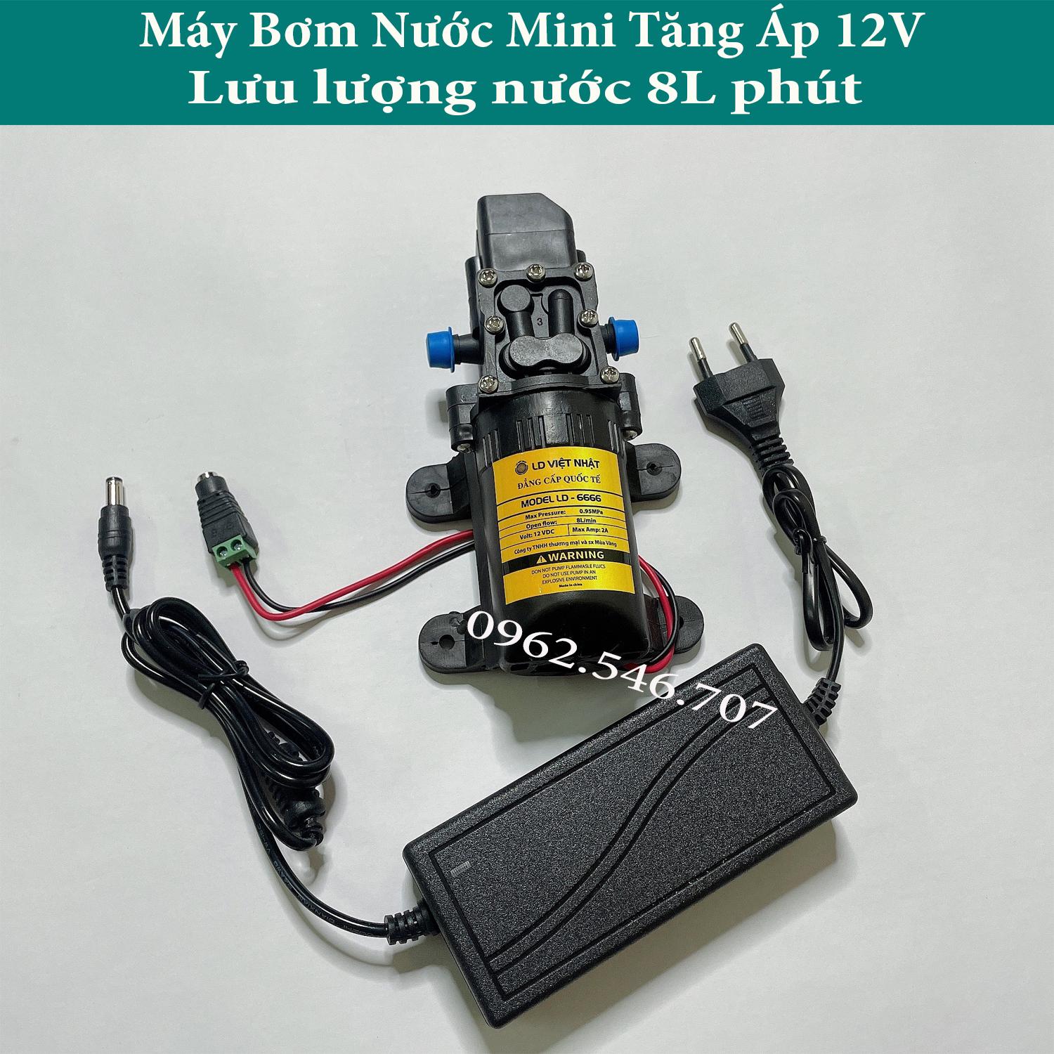 Bơm phun sương 12v tự động ngắt khi khóa đầu ra rửa xe, tưới cây, phun sương Kèm Nguồn 12v5a