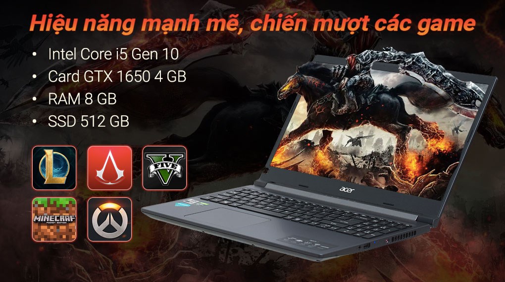 Máy Tính Xách Tay Laptop Acer Aspire 7 Gaming A715-75G-58U4 (NH.Q97SV.004) (Core i5-10300H, 8GB Ram, 512GB SSD NVMe, 15.6 inch IPS FHD, GTX 1650 4GB, Win11H, 2.15Kg, Đen) - Hàng Chính Hãng