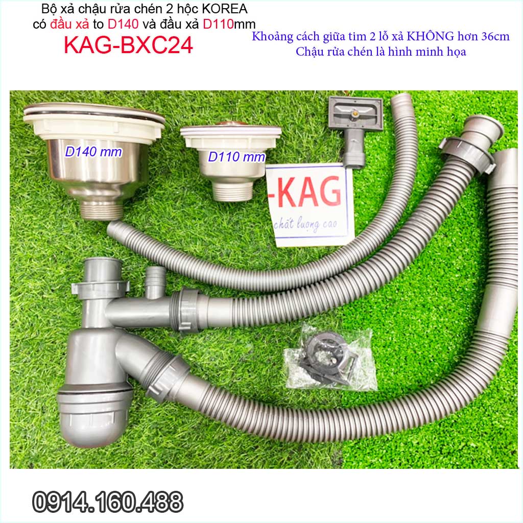 Bộ xả chậu rửa chén bát 1 hộc lớn 1 hộc nhỏ KAG-BXC24, trọn bộ xả bồn rửa chén bát 2 hộc lệch D110-D140 thoát nhanh sử d