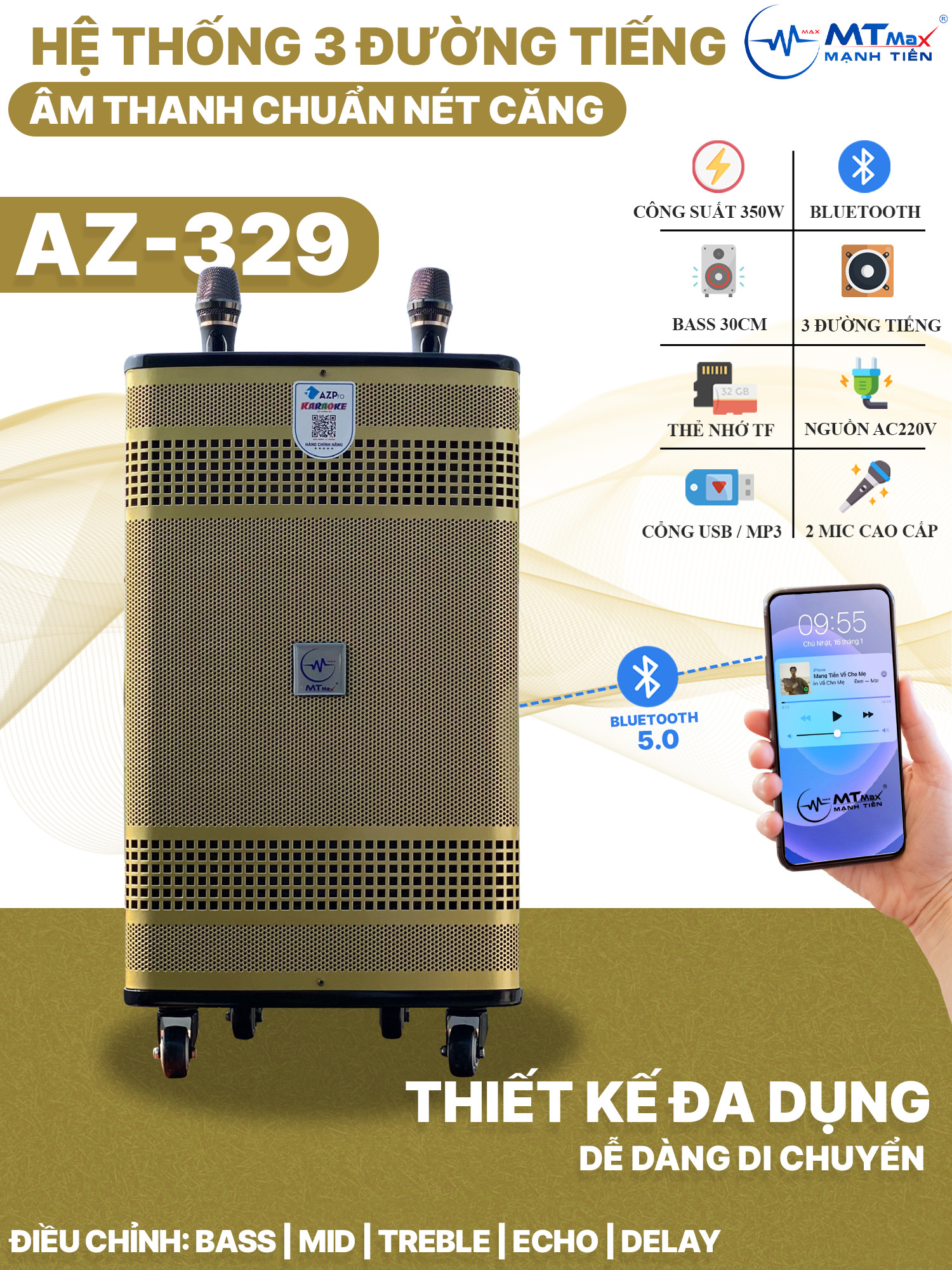 Loa Kéo Di Động Az-329 - Loa Karaoke Thế Hệ Mới, Công Suất Lớn 350W, Bass Căng 3 Tấc, Âm Thanh Cực Mạnh, Sôi Động, Đi Kèm 2 Micro Không Dây, Hàng Chính Hãng
