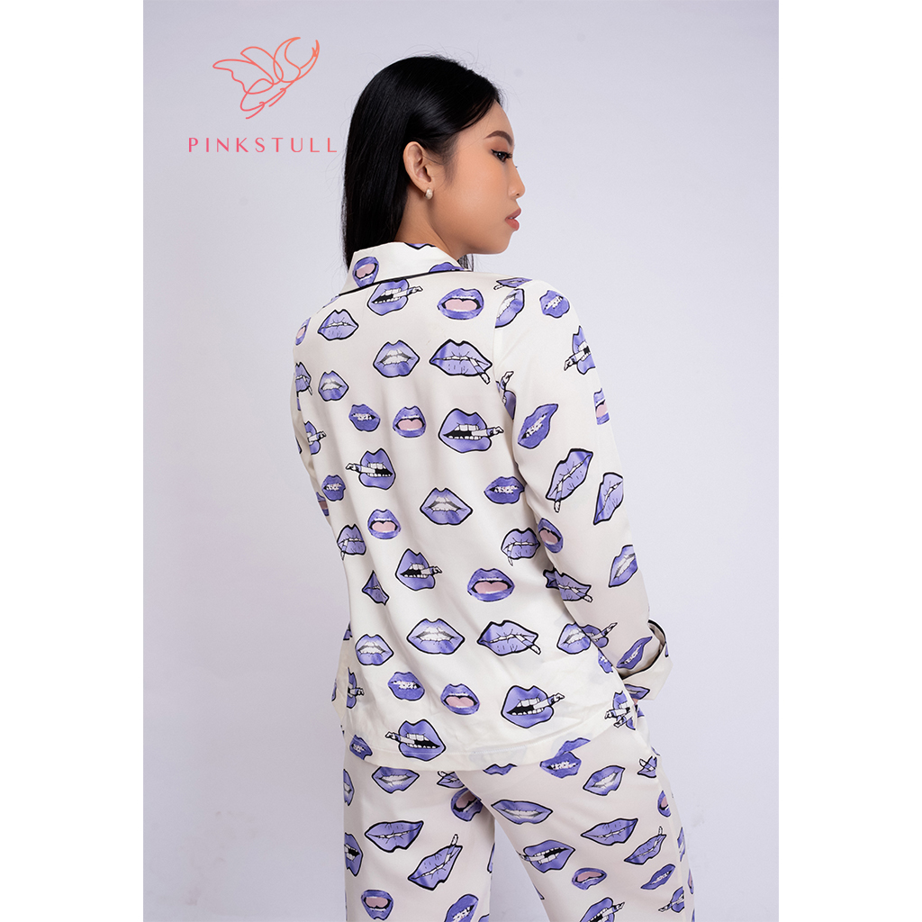 Bộ đồ ngủ Pijama PinkStull tay dài quần dài họa tiết môi tím