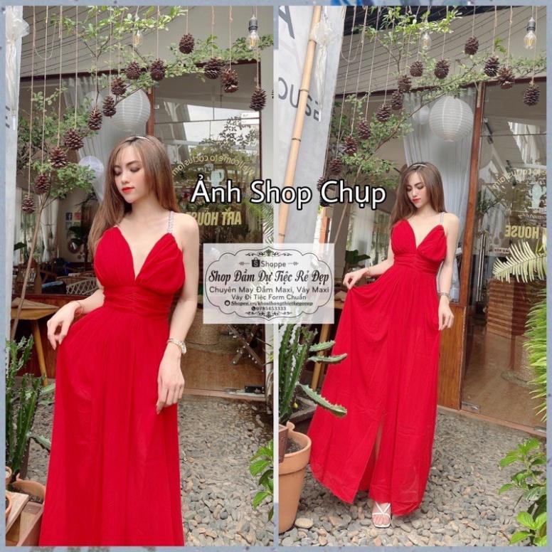 Đầm váy maxi 2s voan lót lụa xẻ tà 2 dây cổ V vàng đỏ hở lưng đi biển dự tiệc dạo phố bigsize gợi cảm sexy