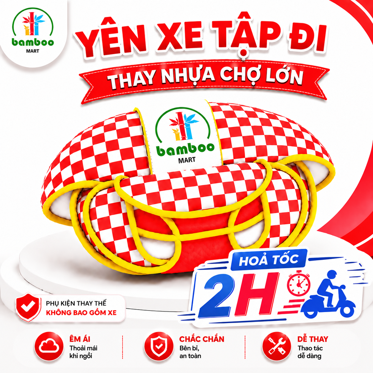 Yên Xe Tập Đi Màu Đỏ Dành Cho Xe Nhựa Chợ Lớn, Thay Yên Lún Xẹp Chuẩn Form Riêng Lắp Vừa Ngay, Giá Xưởng
