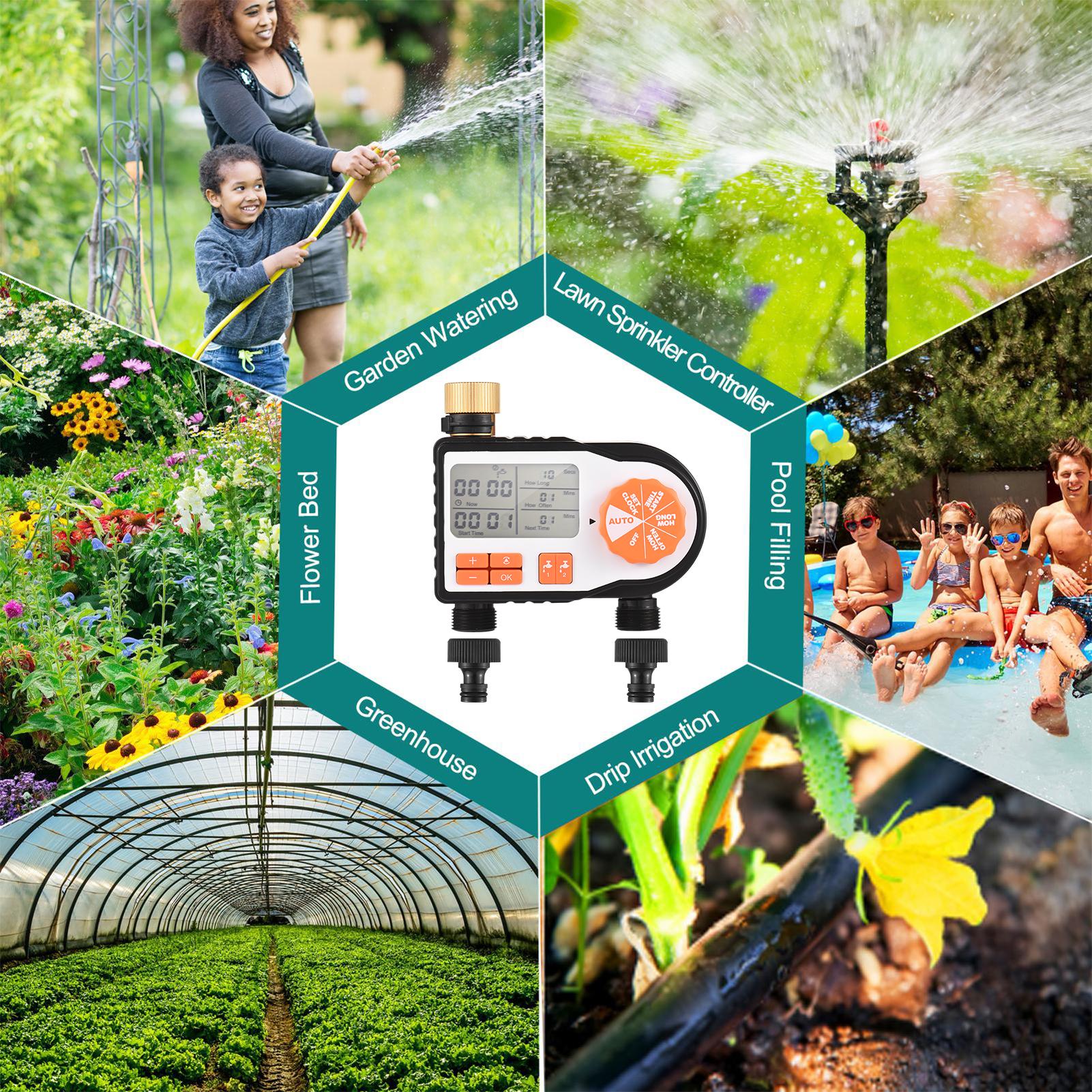 Digital Automatic Watering Timer with 2 Hose Connectors Programmed Garden Irrigation Timer Faucet Sprinkler Intelligent Irrigation Controller for Lawn Farmland Courtyard Greenhouse