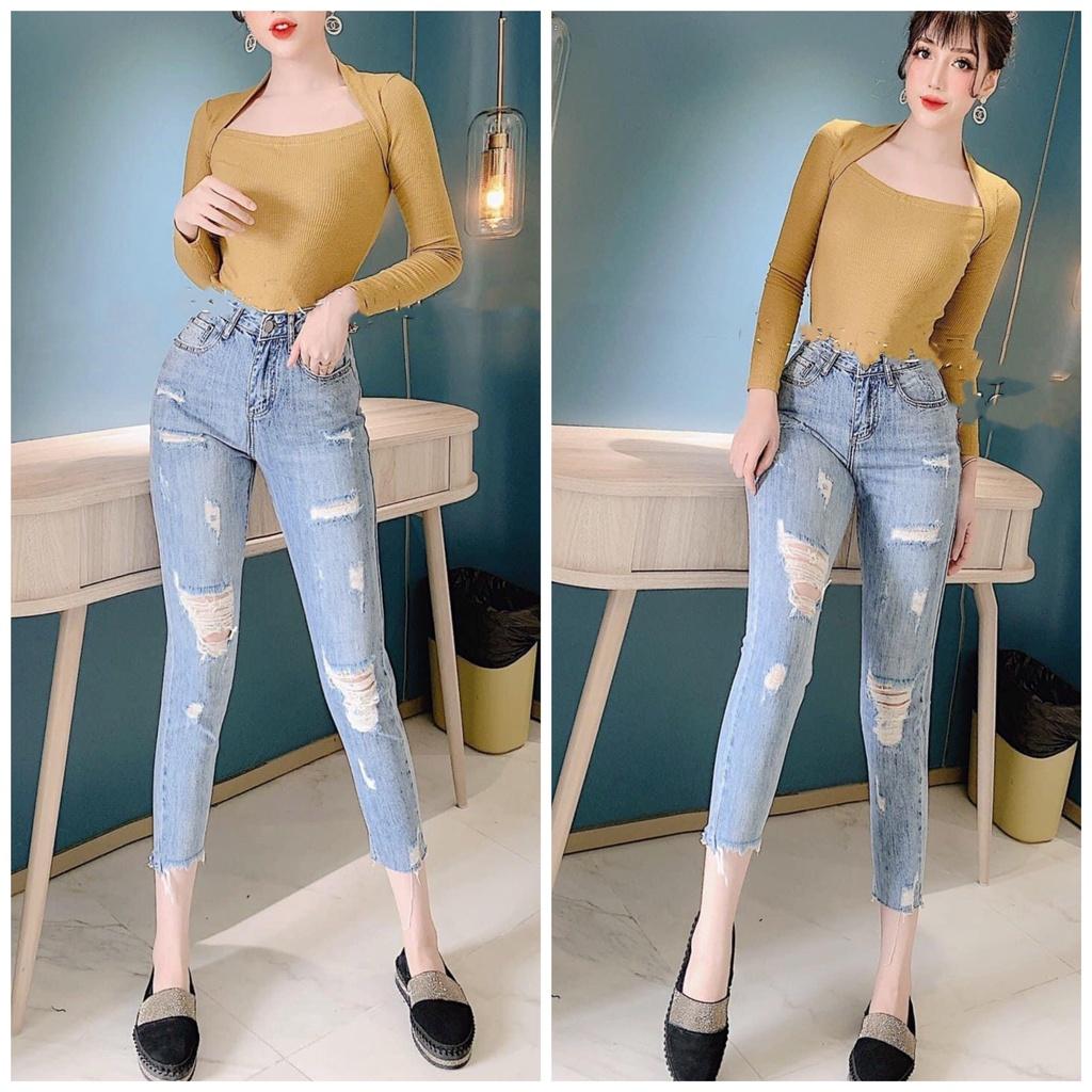 Quần jean 9 TẤC BIGSIZE Lưng cao, Rách kiểu, màu xanh nhạt, co dãn mạnh rẻ đẹp dành cho người béo Hottrend Moliruan