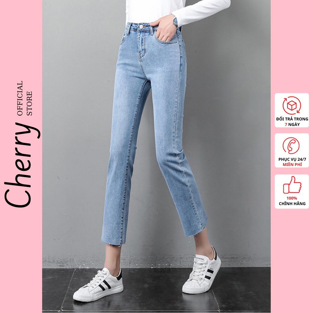 Quần jean nữ ống đứng dáng lửng co giãn cao cấp phong cách Hàn Quốc, quần bò nữ ống ngắn suông có co giãn CHERRY T030