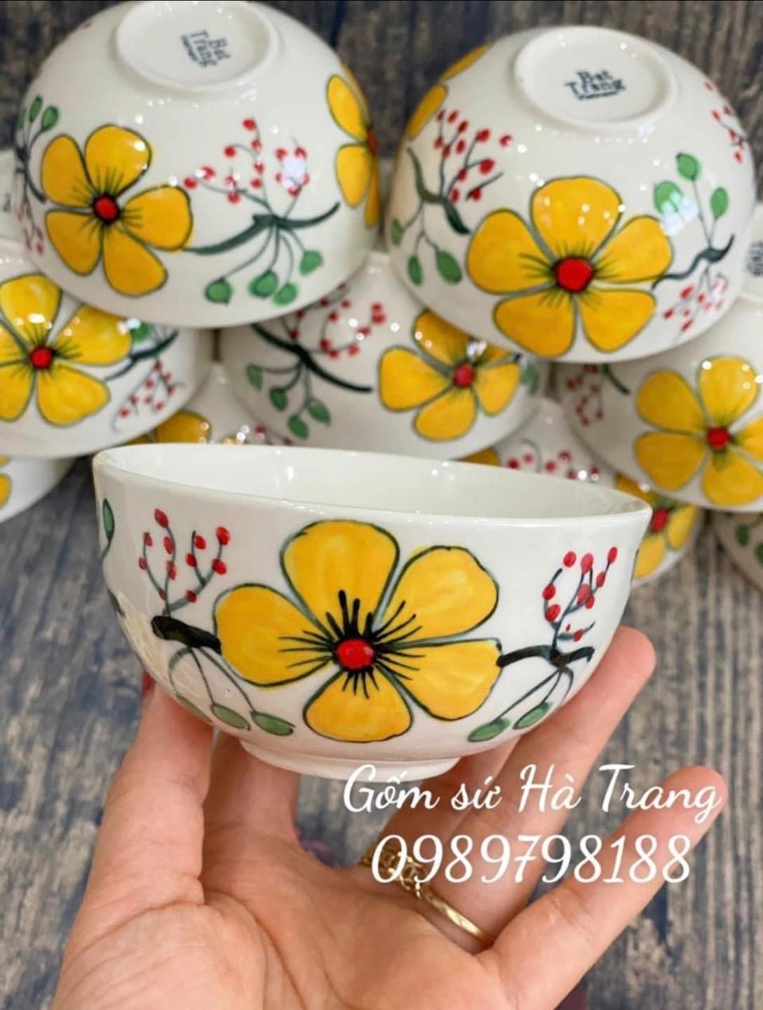 Combo 10 bát cơm gốm sứ Bát Tràng cao cấp vẽ tay hoạ tiết mai vàng