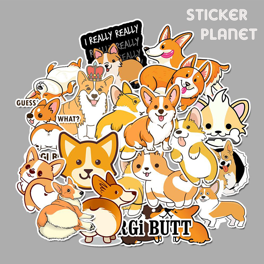 Bộ sticker  chó corgi chống thấm nước trang trí mũ bảo hiểm, đàn, guitar, ukulele, điện thoại laptop