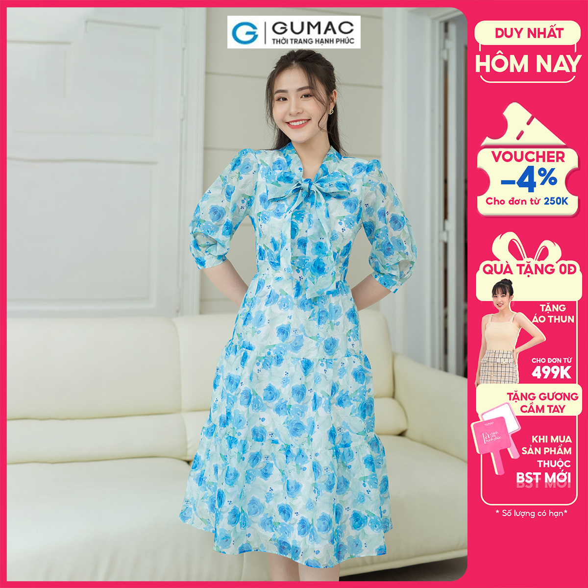 Đầm hoa cổ nơ GUMAC DD08035