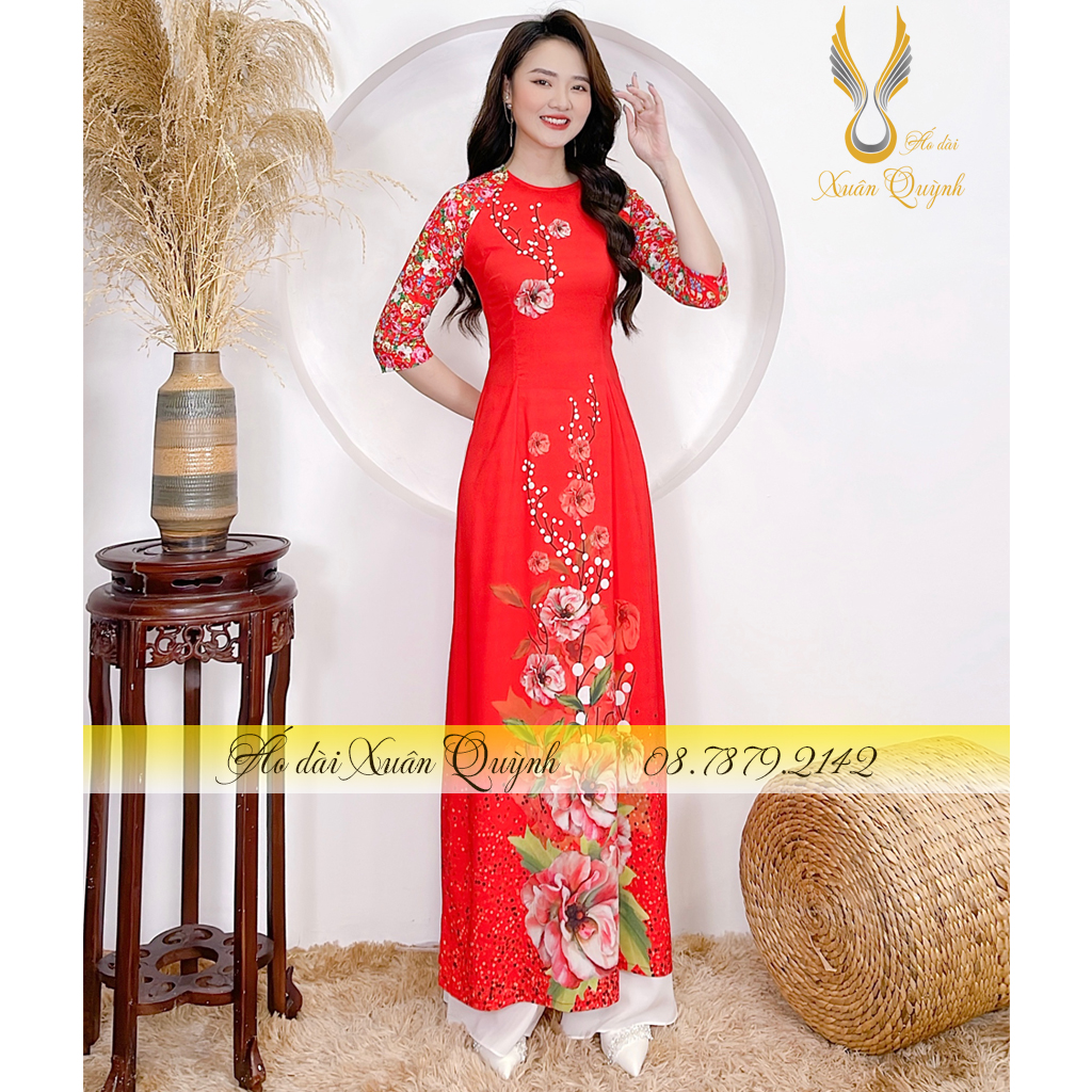 Áo Dài Hoạ Tiết Hồng Trà Thanh Lịch, Sang  Trọng, Quý Phái Lụa Habutai Cao Cấp K84 Đỏ