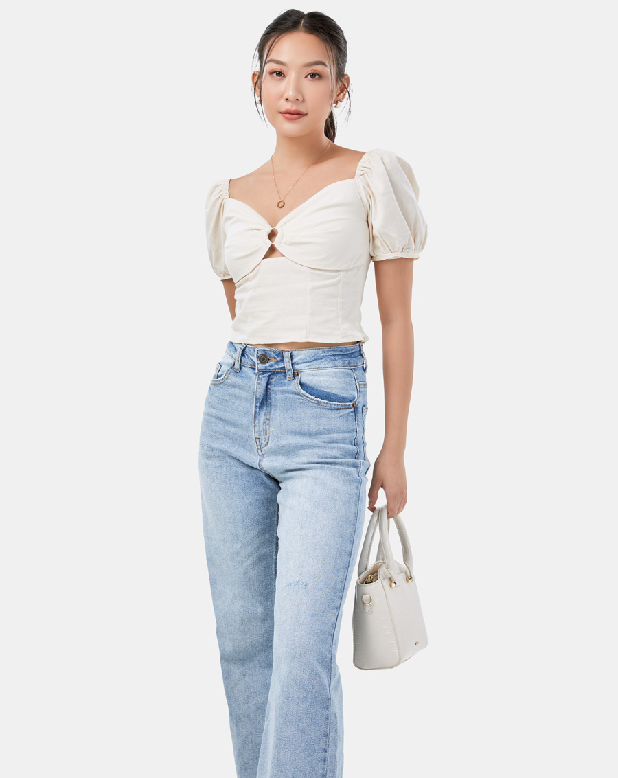 Áo Kiểu Nữ Thời Trang JUNO Cổ V Khoen Tròn Tay Phồng JNAKI014