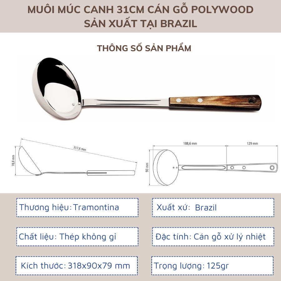 Muỗng Canh Lớn Tramontina Cán Gỗ Polywood 31cm Thép Không Gỉ Nhập Khẩu Brazil
