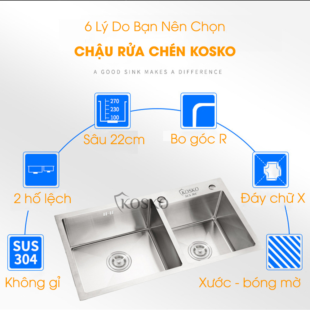 Bồn rửa chén inox 304 KOSKO, chậu rửa chén bát 82x45cm đúc lệch lắp được nhiều loại vòi nước rửa chén