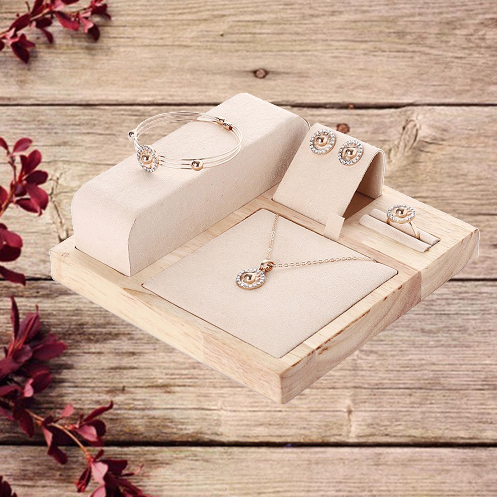 Wooden Velvet Jewelry Set Display Stand Necklace Earrings Holder Beige