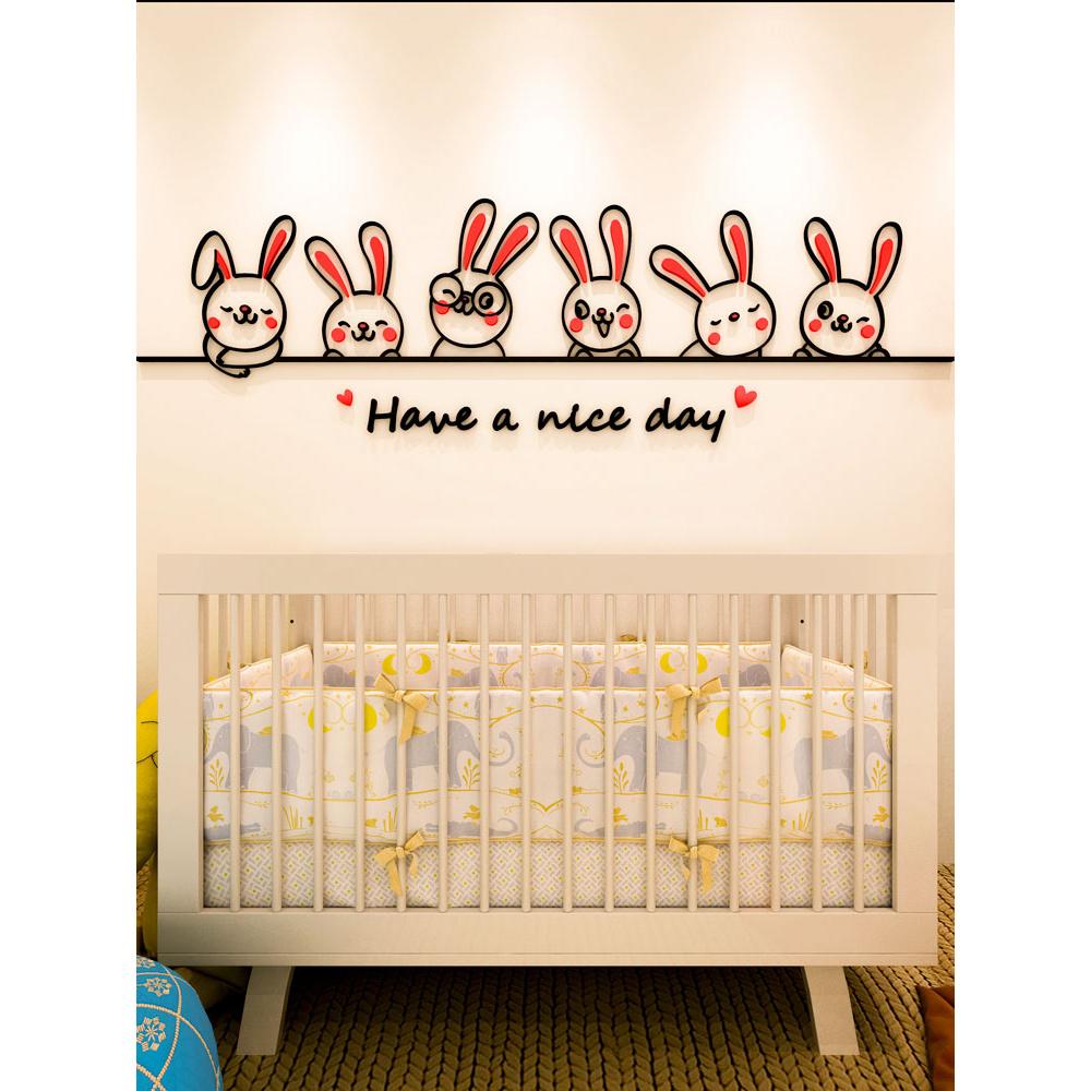 Tranh dán tường mica 3d decor khổ lớn hoạt hình thỏ bunny dễ thương trang trí mầm non, mẫu giáo, phòng cho bé