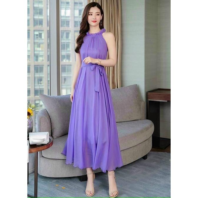 Đầm maxi dáng dài cột nơ eo hàng đẹp hai lớp