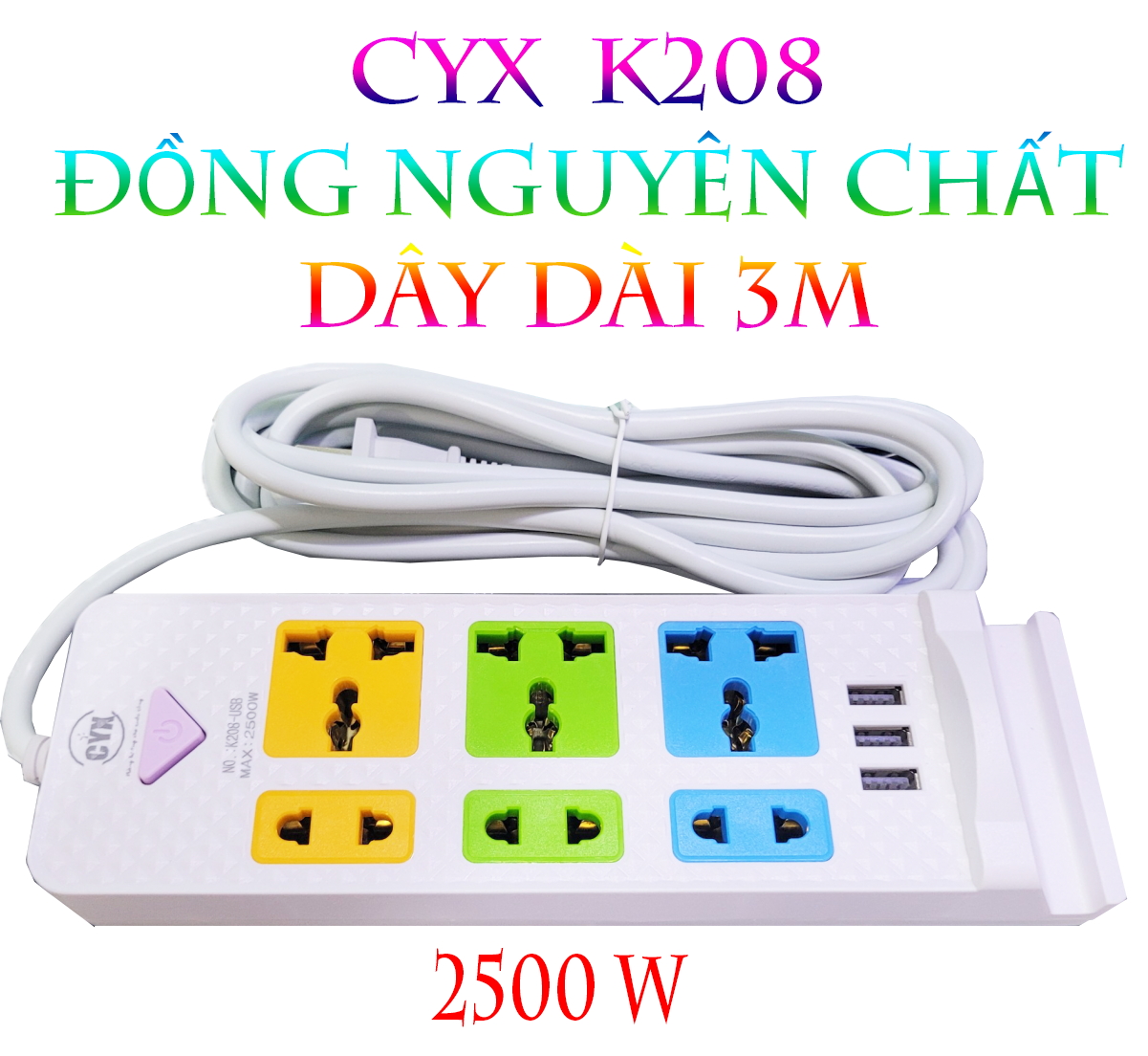 Ổ CẮM ĐIỆN CYX K208 DÂY ĐỒNG NGUYÊN CHẤT 3M VỚI 4 CỔNG USB