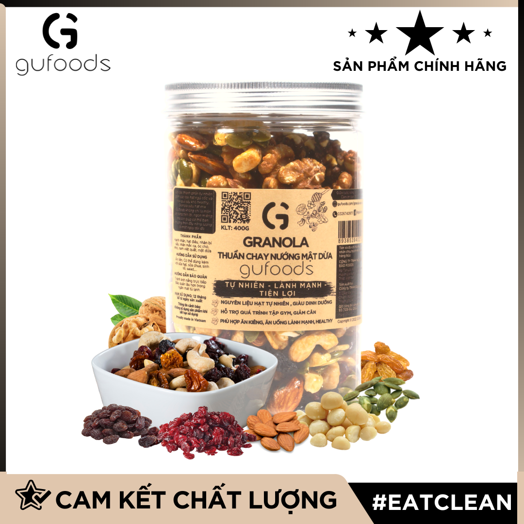 Granola thuần chay nướng mật dừa nước GUfoods - Dinh dưỡng, Tiện lợi, Thơm ngon, Giàu lợi ích sức khỏe