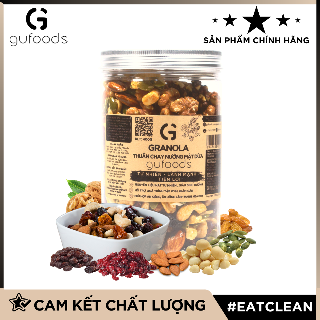 Granola thuần chay nướng mật dừa nước GUfoods (0% yến mạch; Mix siêu hạt mắc ca, nam việt quất, hạnh nhân, hạt điều, nho khô) - Dinh dưỡng, Tiện lợi, Thơm ngon, Giàu lợi ích sức khỏe