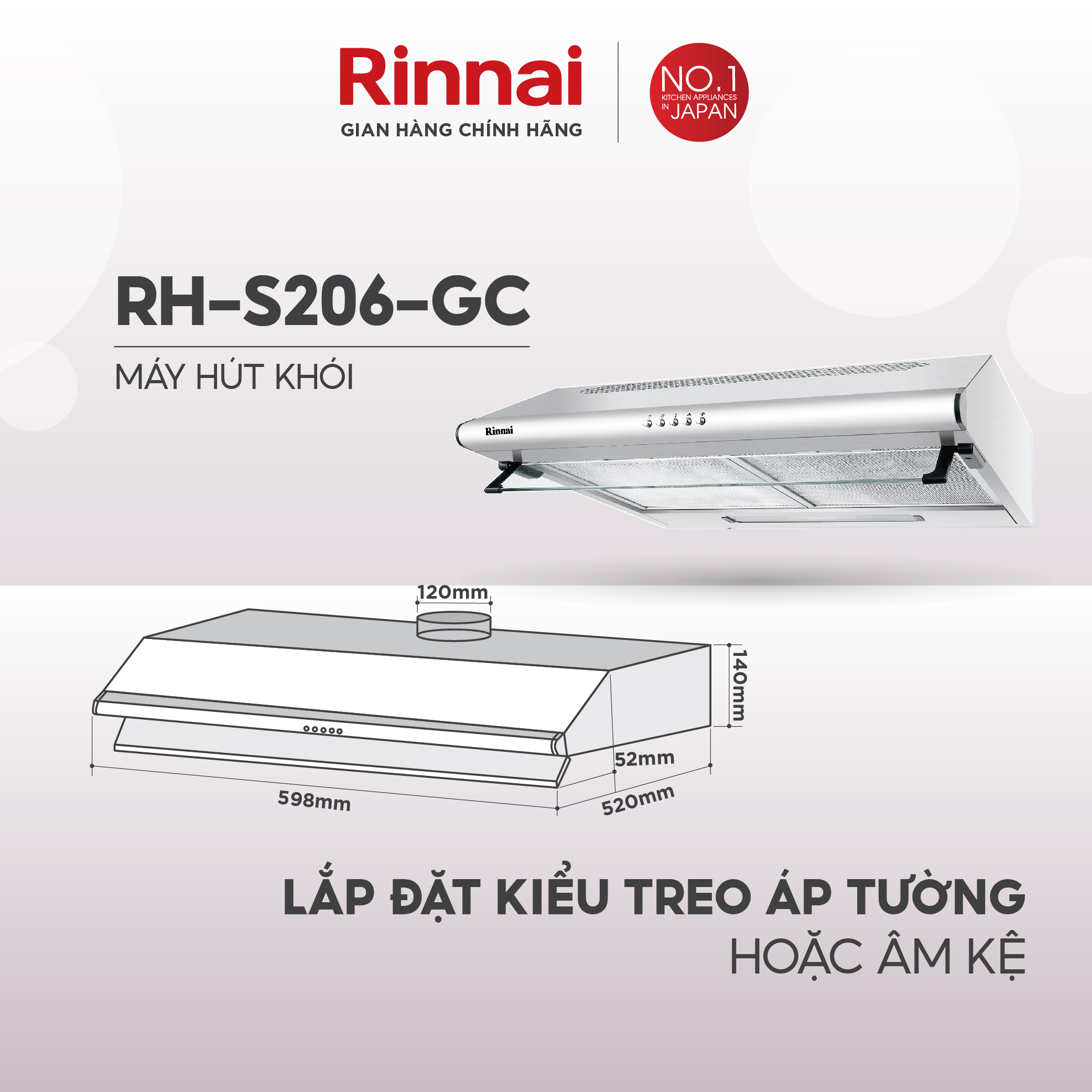 Máy hút mùi Rinnai RH-S206-GC than hoạt tính và ống thoát 250W - Hàng chính hãng.